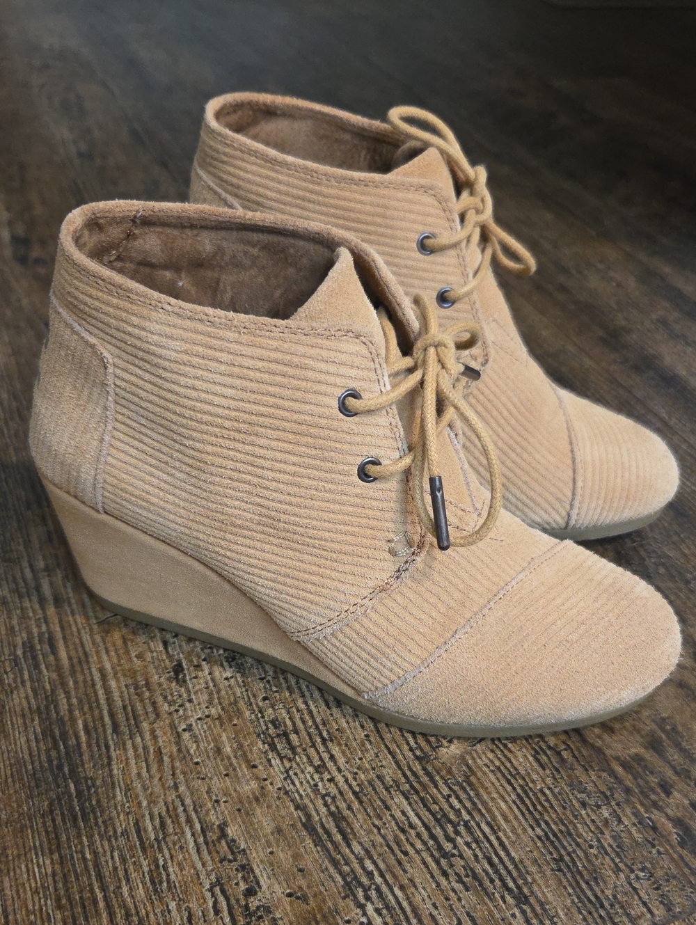 Toms Tan Corduroy Lace-Up Wedge Booties